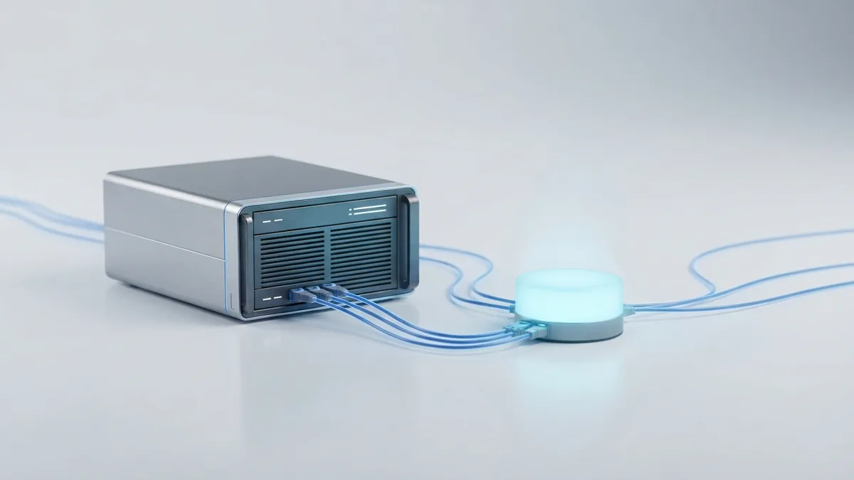 Compact server rack linked to a glowing node for future payment infrastructure