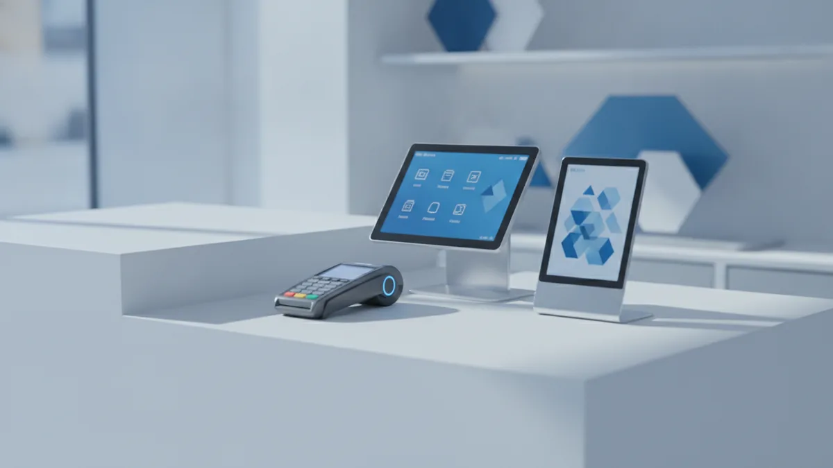 Checkout setup showing a card reader and organized retail space
