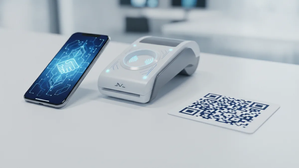 Mobile payment method options Contactless tap, QR payment, and wallet use in one payment setup