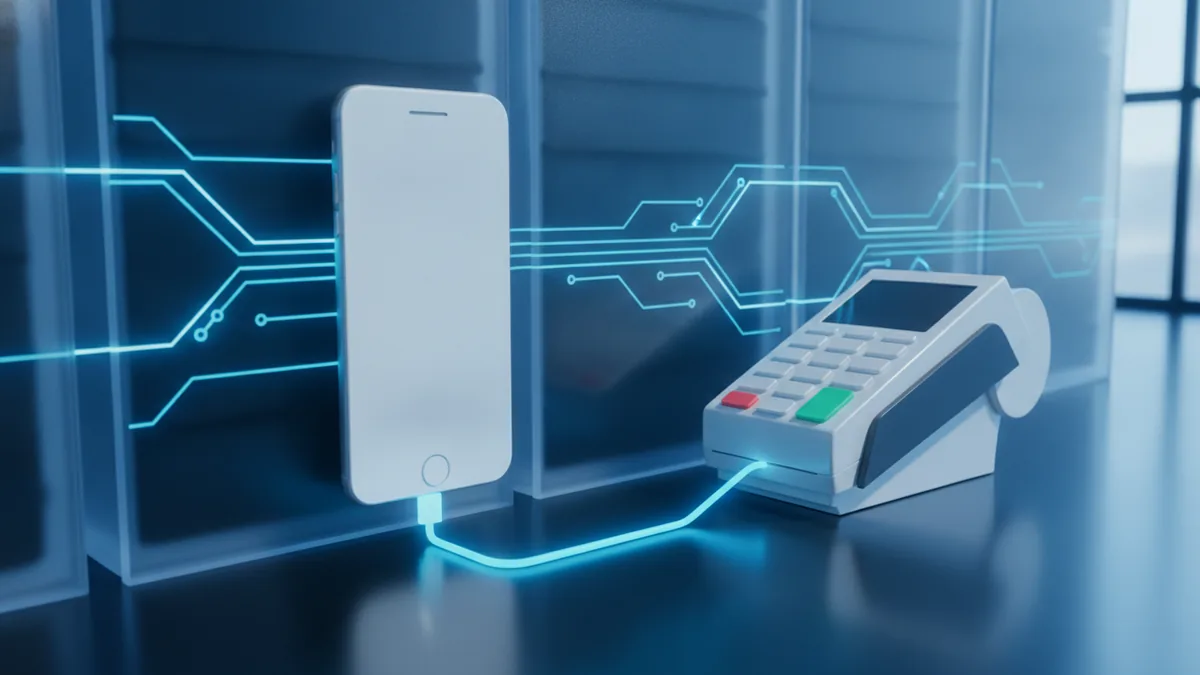 Security and reliable processing Secure payment flow concept connecting phone and payment terminal
