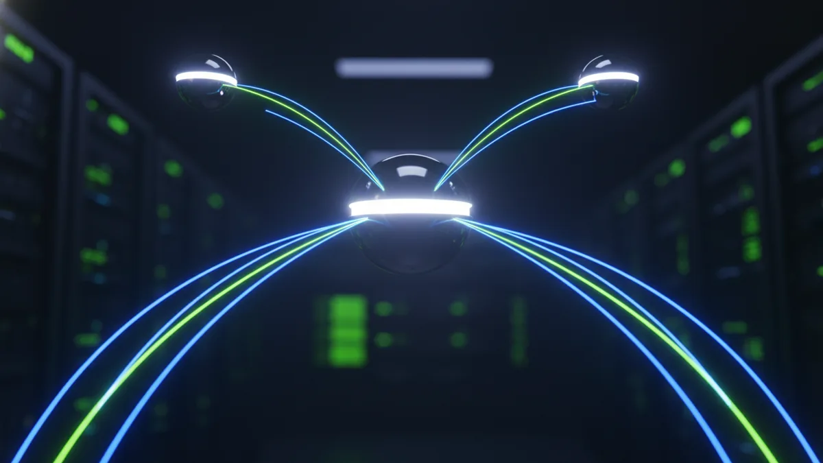 Secure authorization flow represented by glowing arcs between system nodes