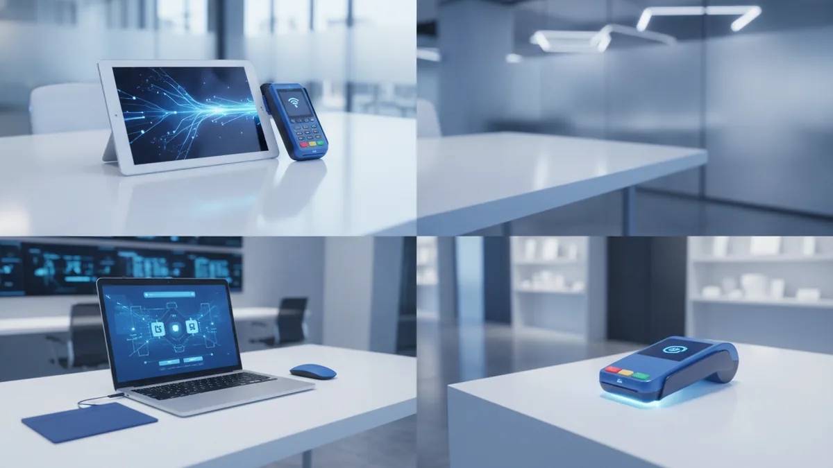 Mobile reader, laptop checkout, and countertop terminal representing payment channels