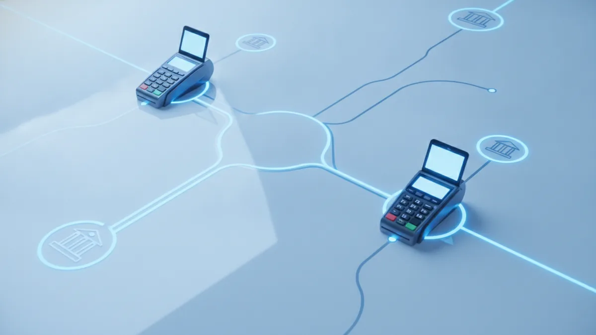 Abstract payment gateway flow linking a shop, bank, and global payment network