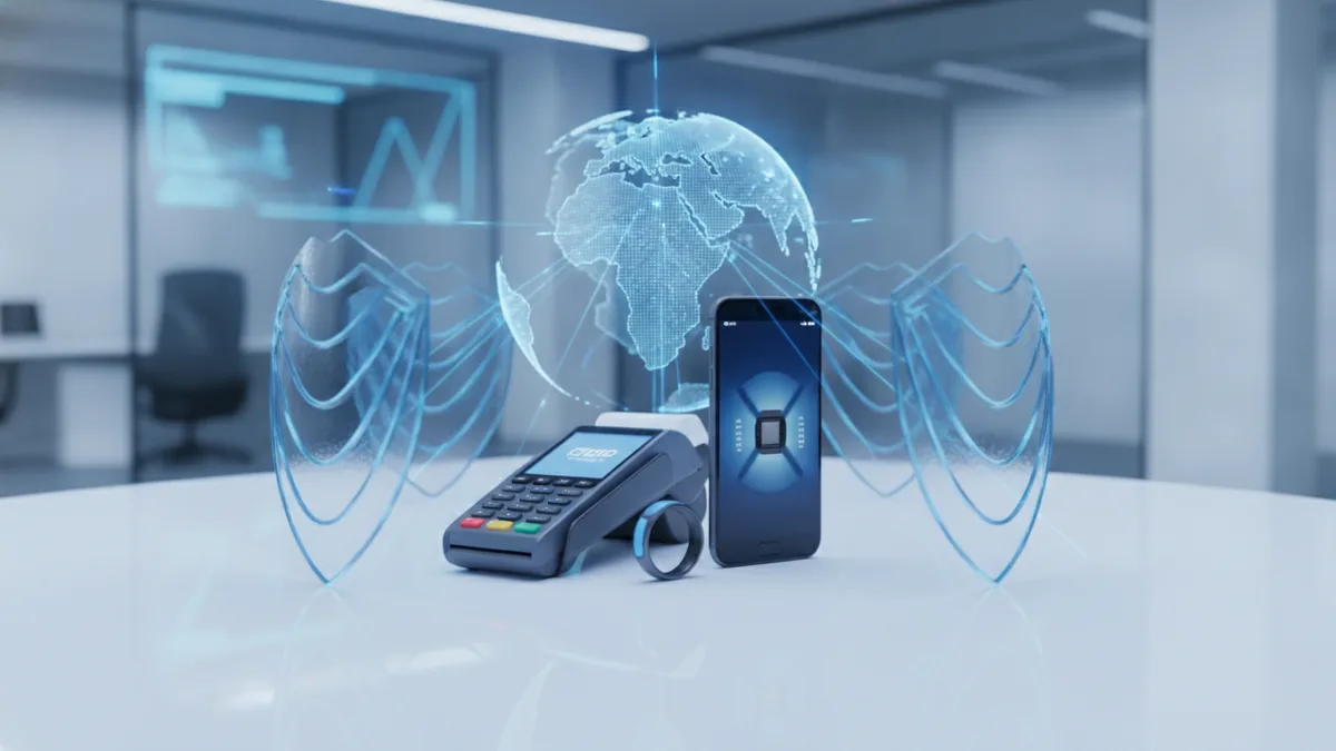 Benefits of a global payment platform Secure online checkout concept with payment devices and protective layered shapes