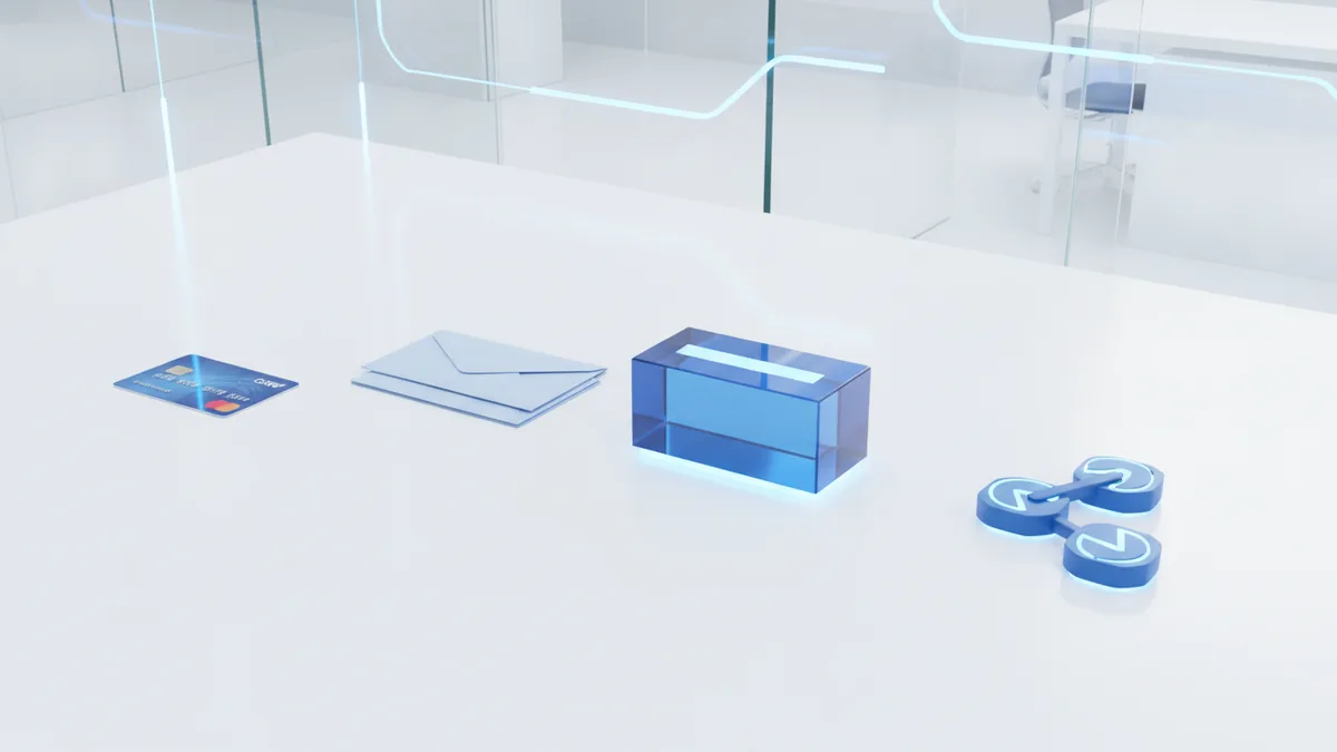 Debit card payment journey shown through connected bank and merchant symbols