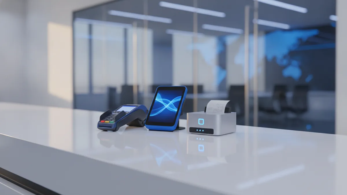 Tools for accepting debit card payments Retail payment setup with card reader, checkout counter, and secure payment hardware