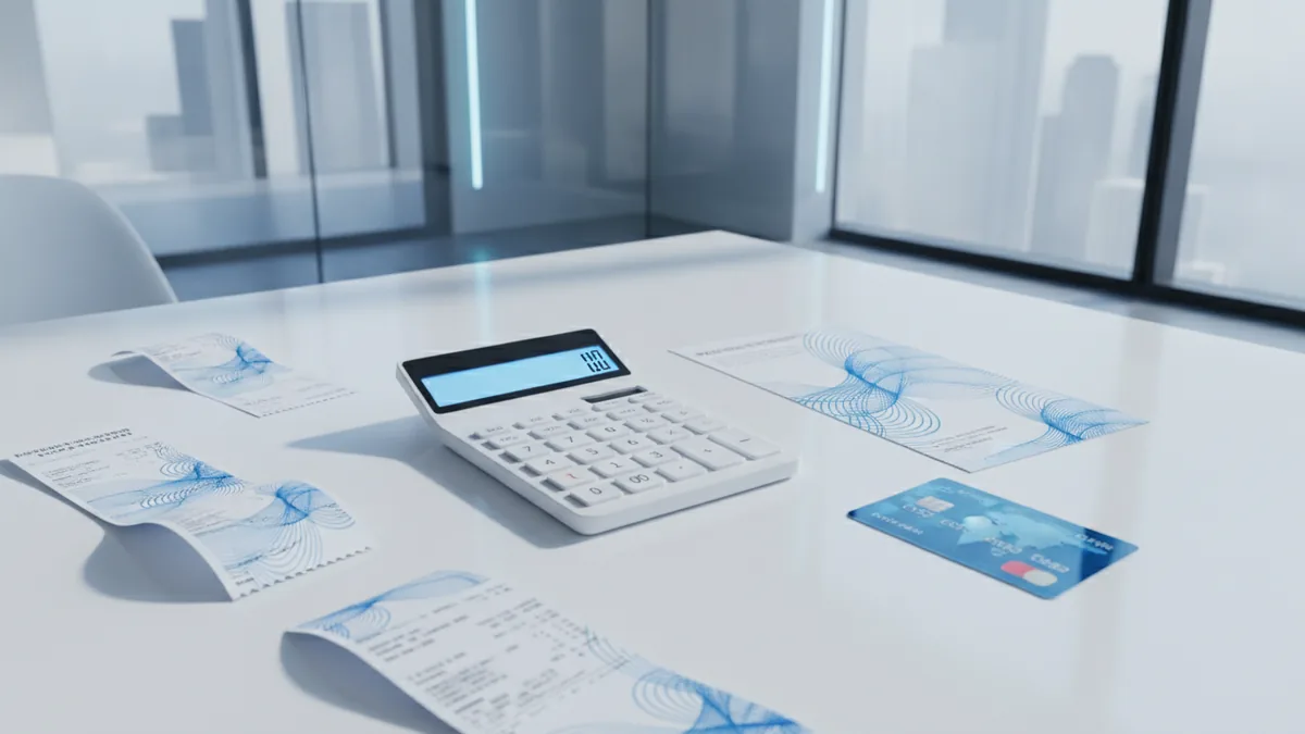 Reviewing debit card payment fees Business owner reviewing debit payment costs with receipts and a calculator