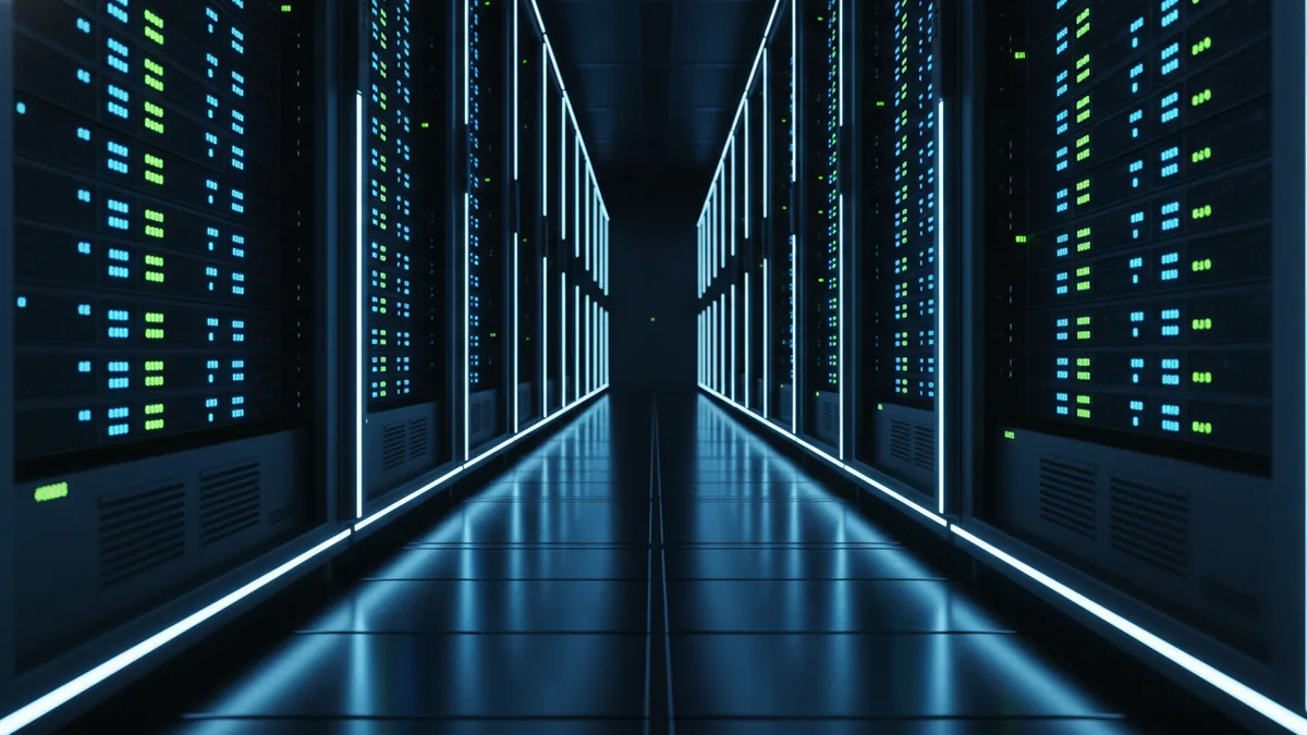 Server racks illustrating the backbone of digital payment services and processing.