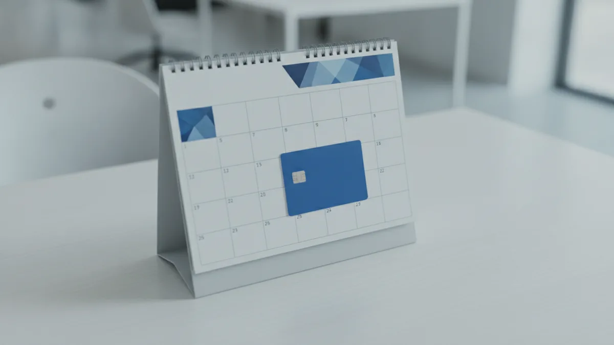 Monthly payment rhythm Calendar and debit card showing a monthly payment routine.