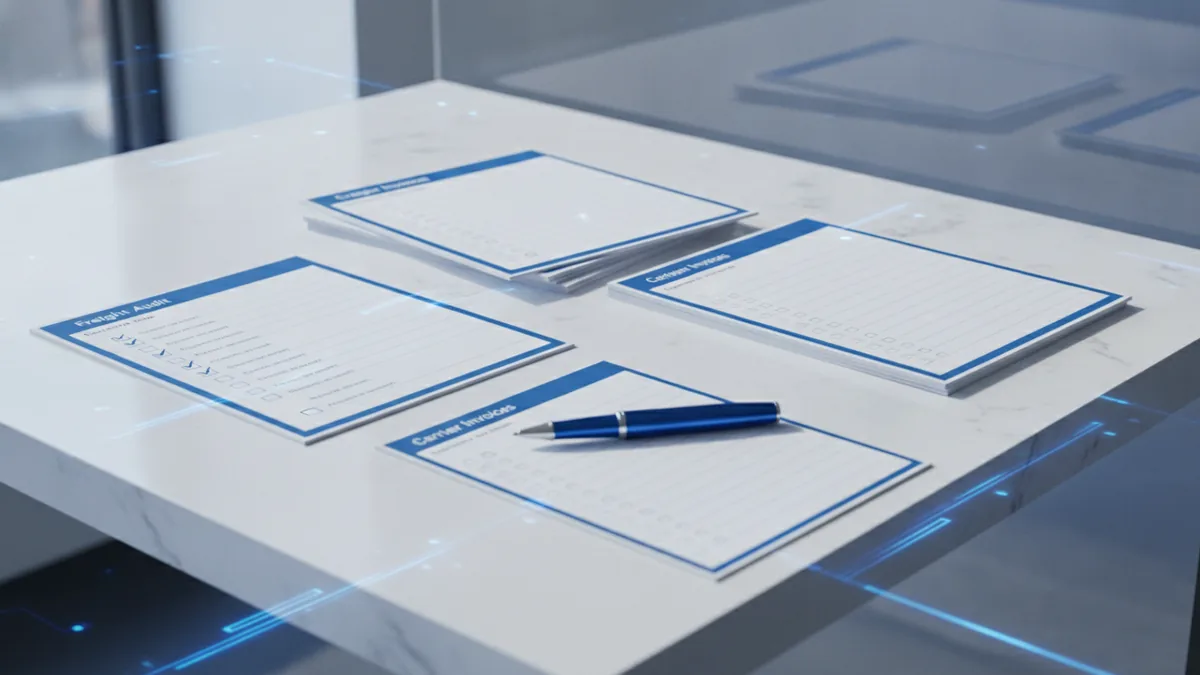 Freight payment audit checklist beside carrier invoices and shipping records