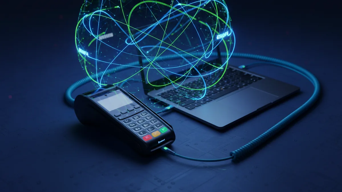 Secure data transmission at checkout Payment terminal and merchant device illustrating secure data transmission