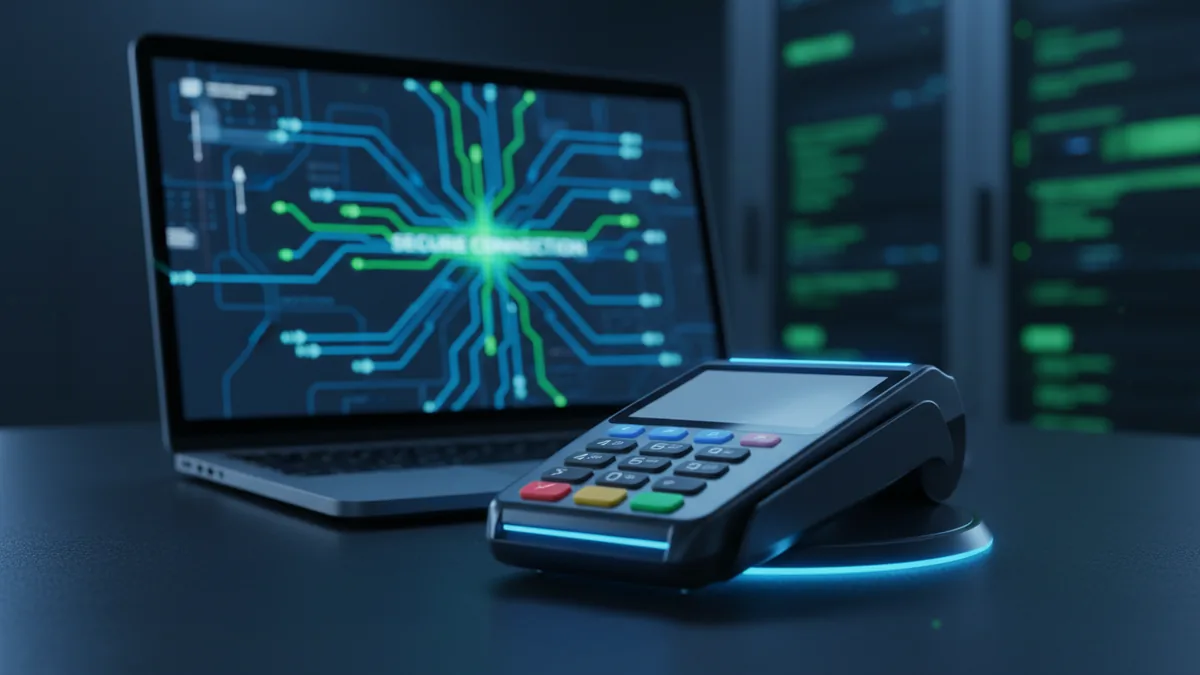 Gateway services in action Secure payment terminal and laptop setup representing web payment gateway processing