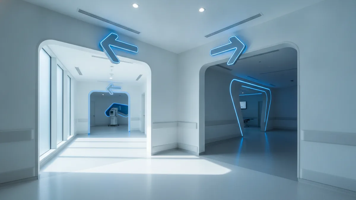 Hospital corridor illustrating in-network versus out-of-network care decisions