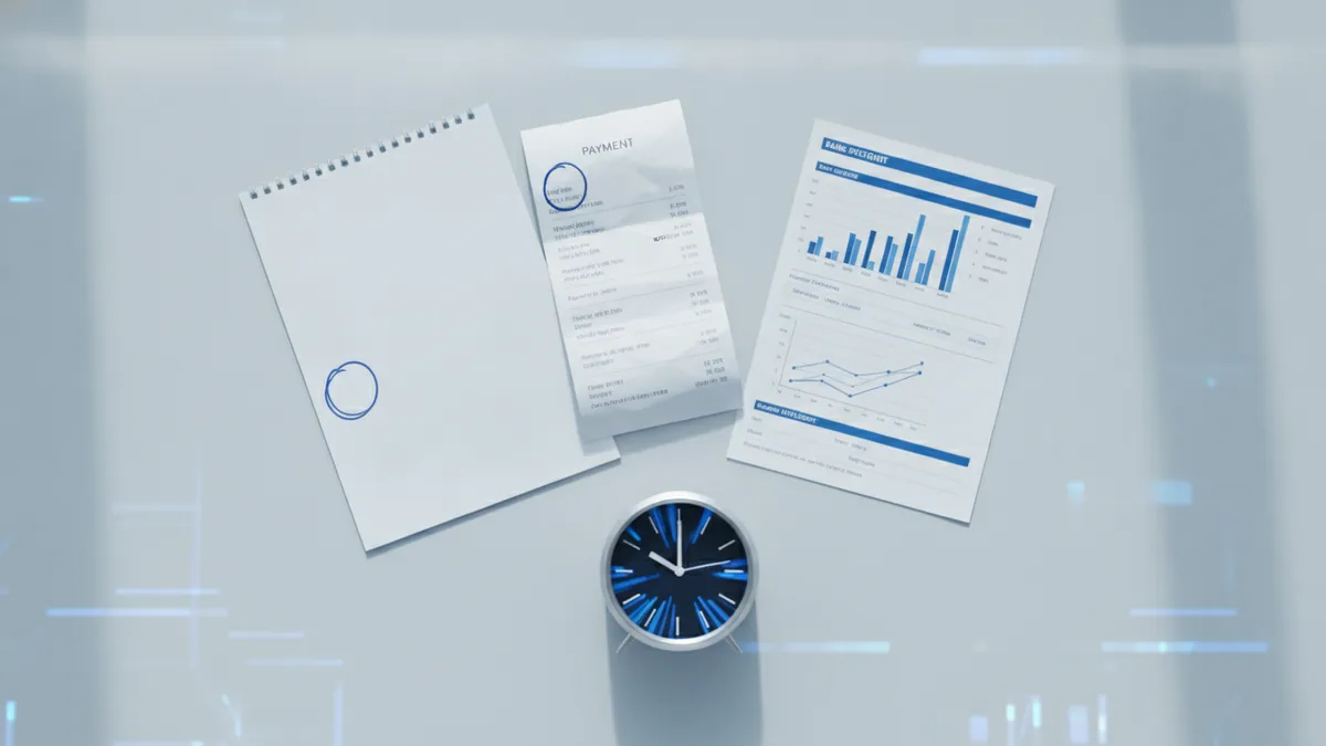 Delayed payment review with receipt, calendar, and bank statement on a desk