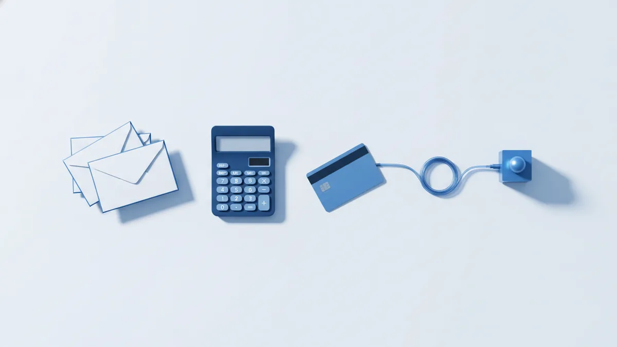 How posting happens Credit card, calculator, and mail items arranged to show payment routes.