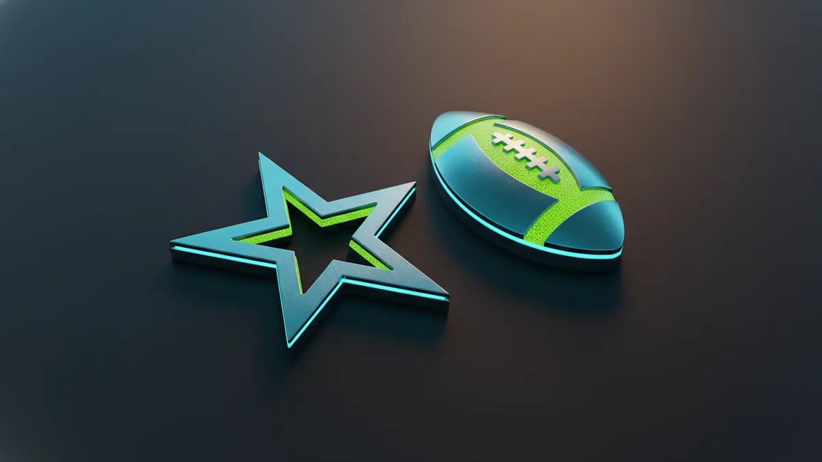 Star motif and football-shaped emblem elements in a sports crest style