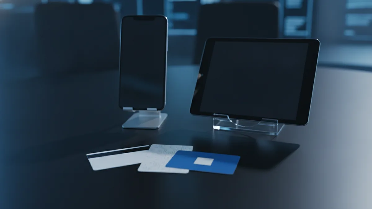 Cards and mobile devices illustrating the payment method and merchant side of a system.