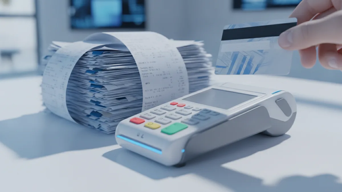 Authorization to funding Card payment process concept with receipts and a terminal in focus