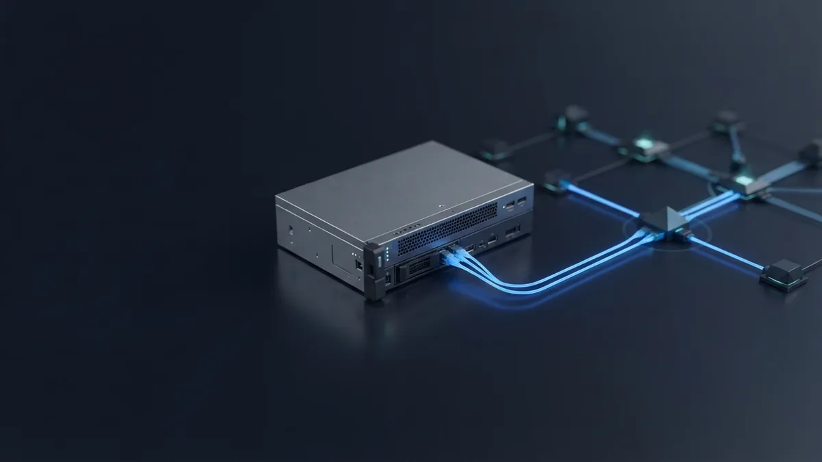 Graphite payment server hardware with blue links to connected financial network nodes