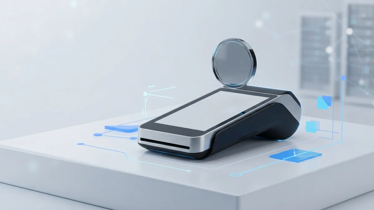 Blank contactless payment terminal showing a secure transaction connection
