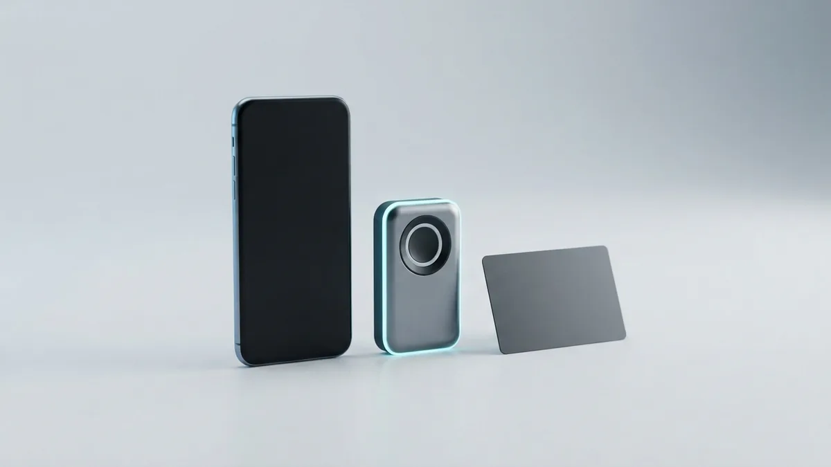 Blank smartphone beside biometric payment hardware and a graphite bank card