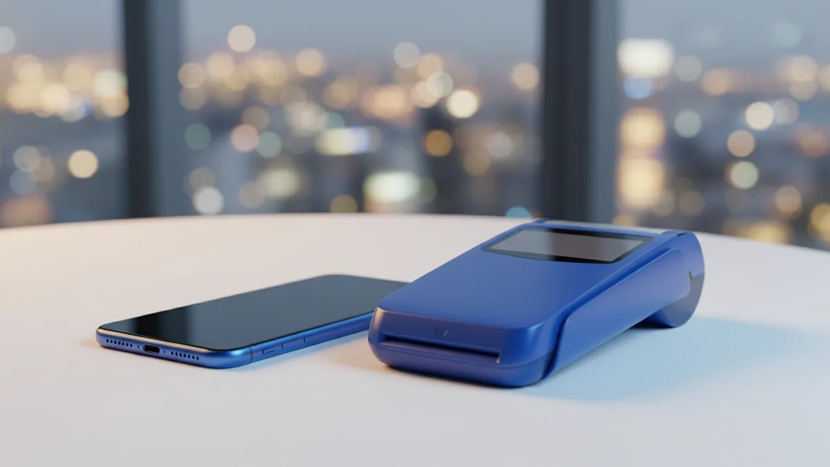 Smartphone and payment terminal representing conversion, fees, and multi-currency support
