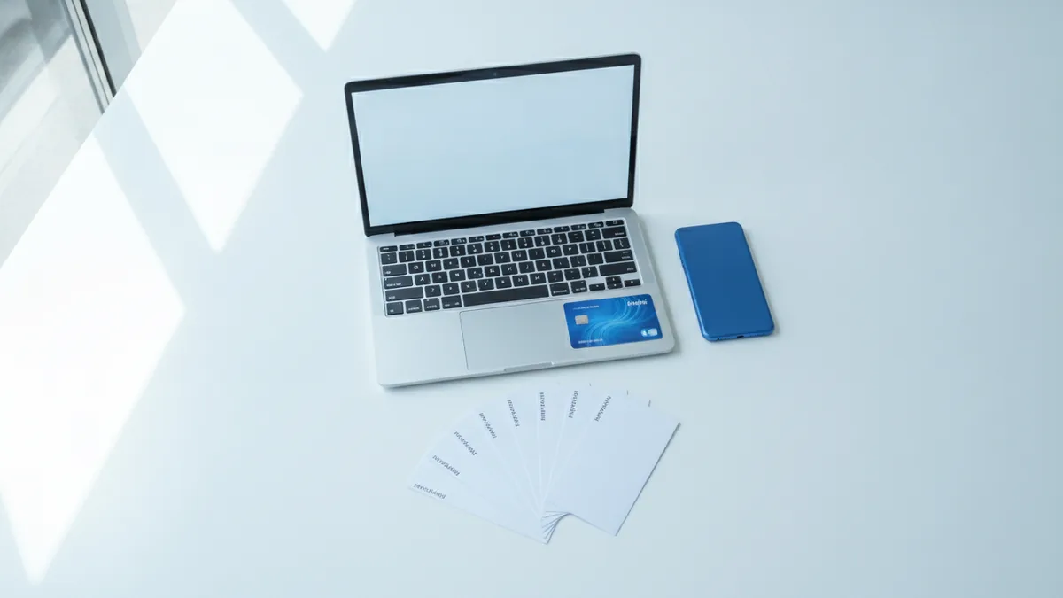 Tools for managing rental payments Laptop and bank card beside rental payment records on a desk