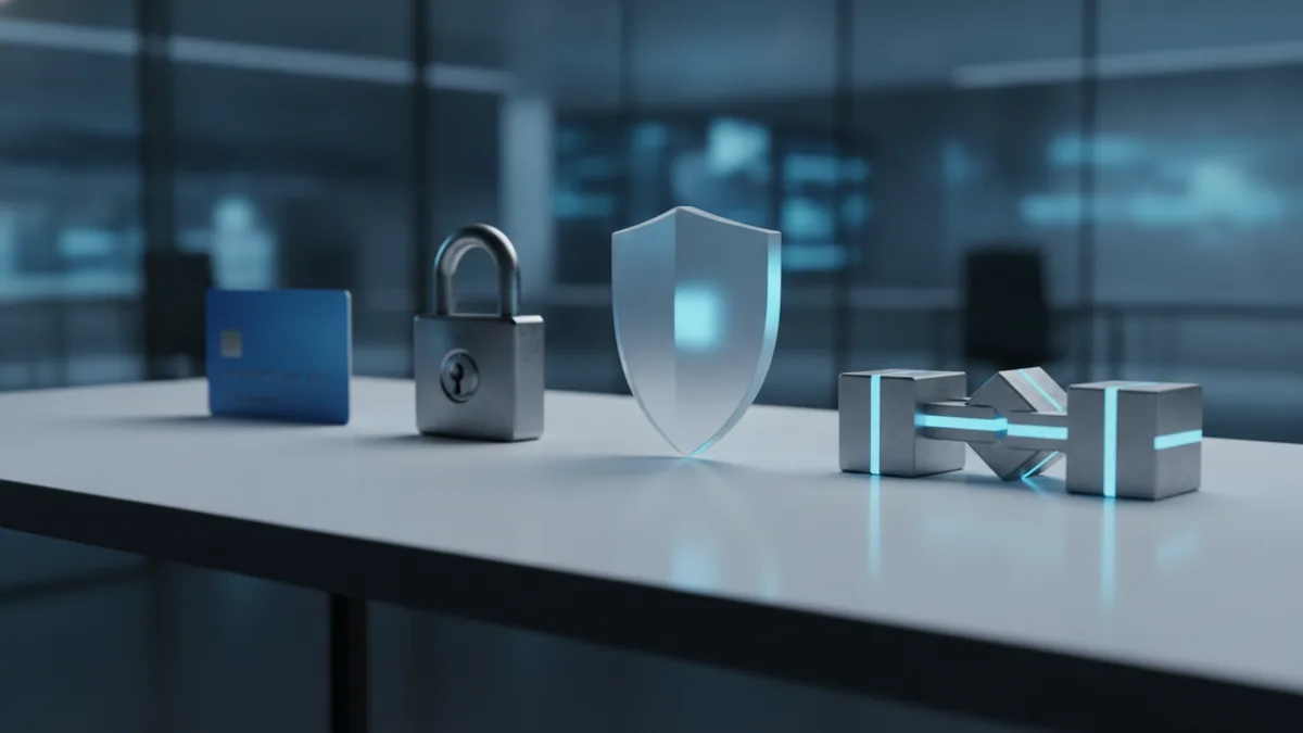 Secure digital payment flow shown through linked cards, locks, and finance symbols