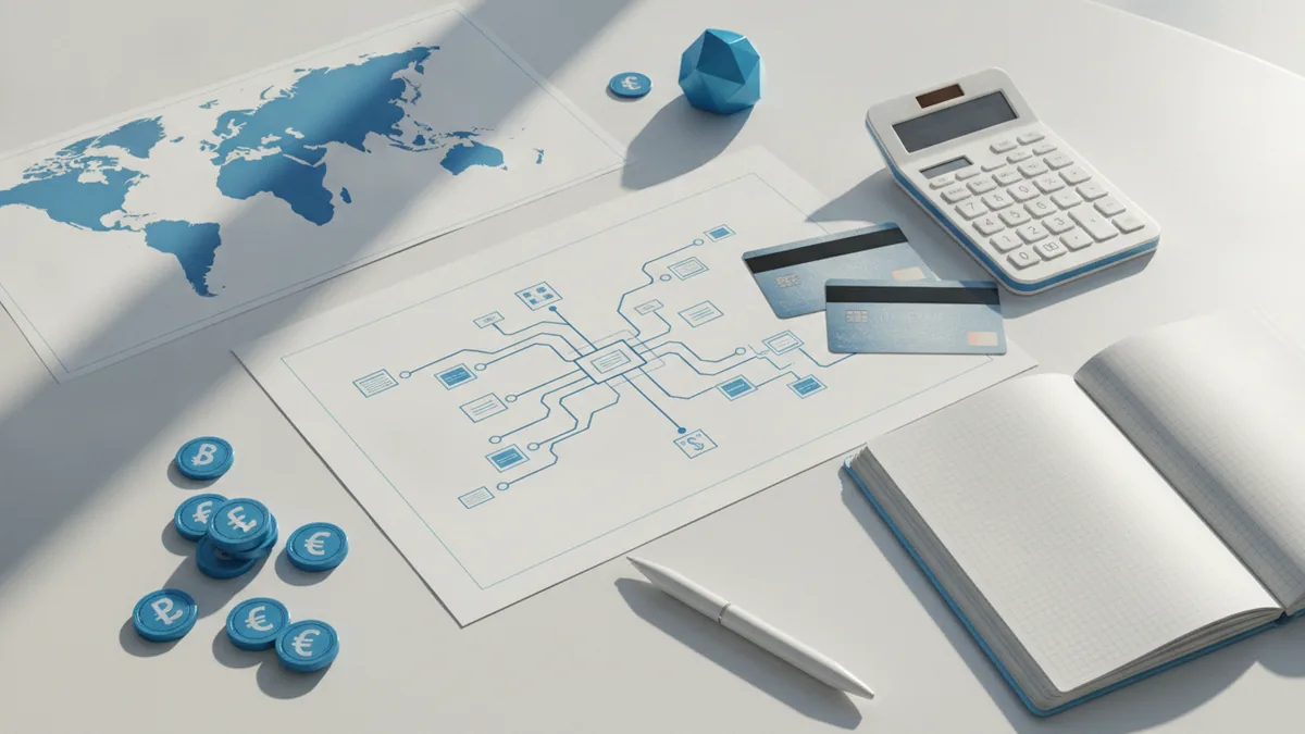 Choosing a payment system for global sales Business planning setup with world map, currency tokens, cards, and payment method choices