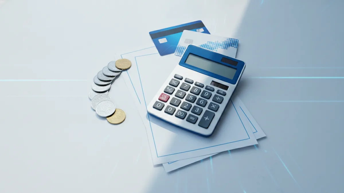 Planning website payment processing fees Online payment cost planning with calculator, coins, receipts, and payment cards