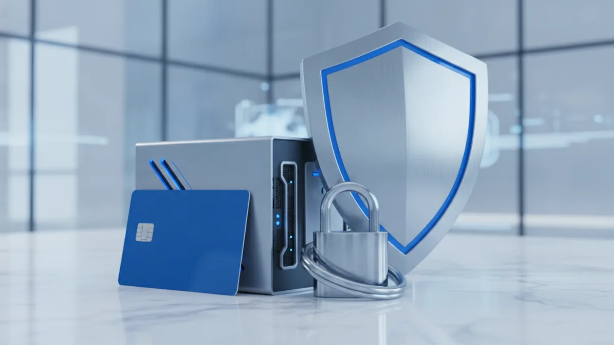 Secure payment data protection Secure online payment setup with shield symbols, server hardware, and payment card