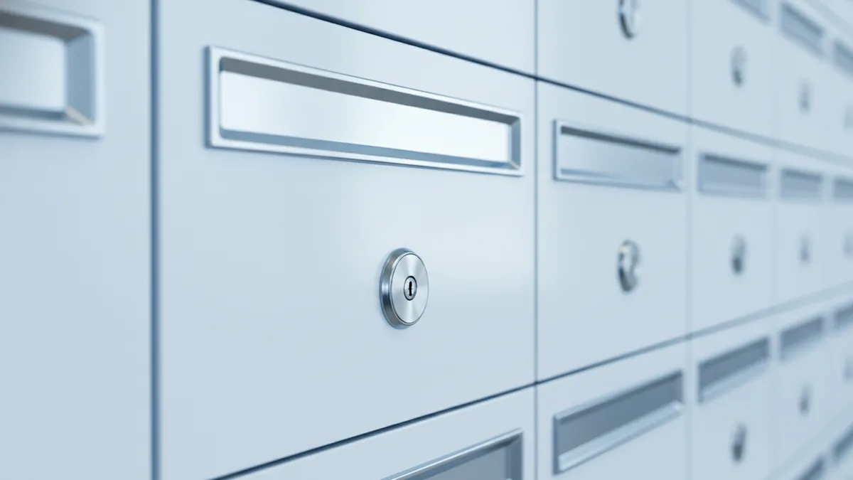 Secure PO box mail handling Close view of secure PO box compartments for private mail storage