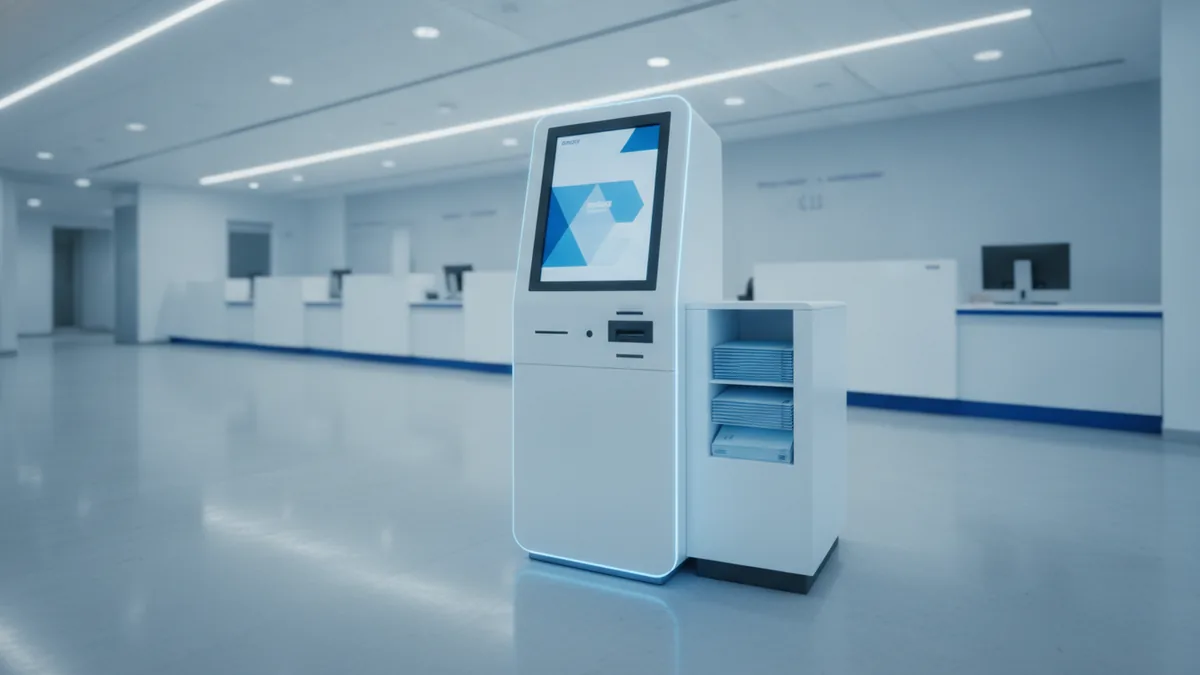 Self-service kiosk in a Post Office lobby for PO box payments