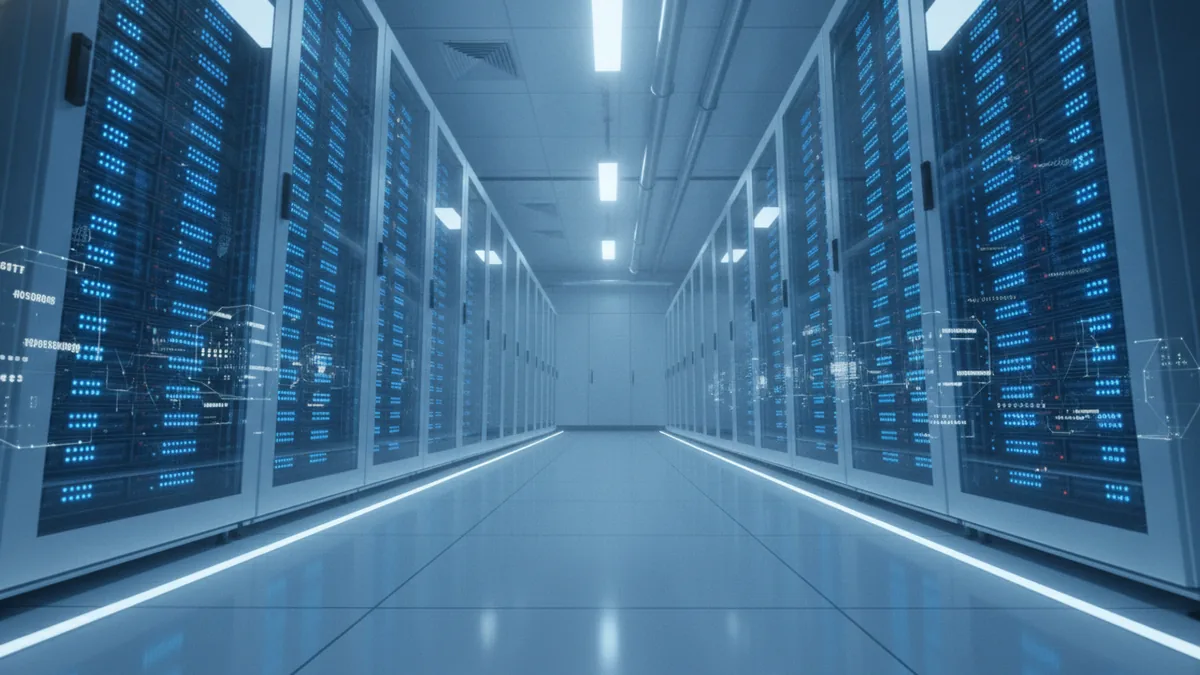 Data center scene representing reliable backend processing for payments