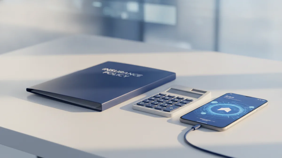 Insurance paperwork and a smartphone near a calculator, suggesting premium and claim payment clarity.