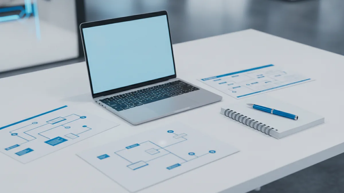 Laptop and planning notes representing evaluation of insurance payment platform requirements.
