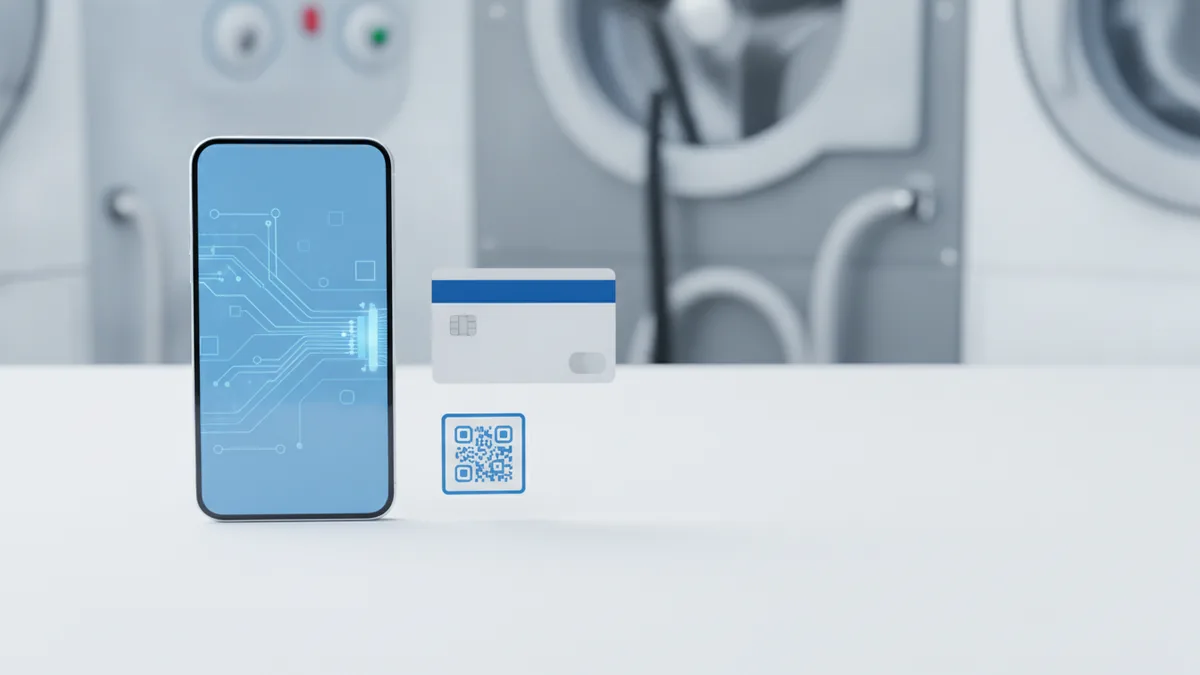 Smartphone, contactless card, and QR payment cues for laundry cycles