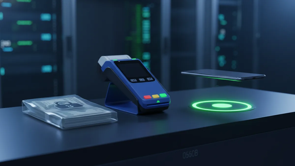A retail counter showing cash, bank-linked payment hardware, and a smartphone for fast checkout.