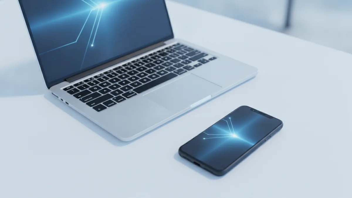 Laptop and phone setup representing online merchant payment for ecommerce purchases
