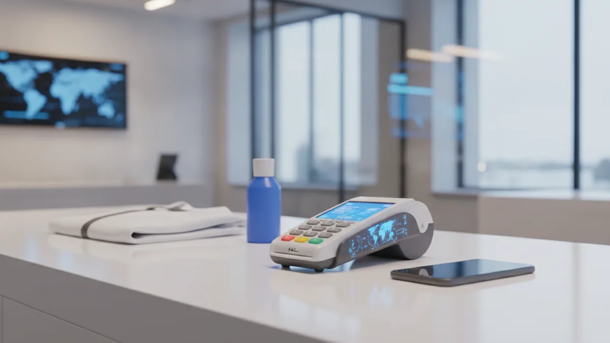 Mobile payment tools for retailers Portable payment terminal and smartphone arranged on a retail sales counter