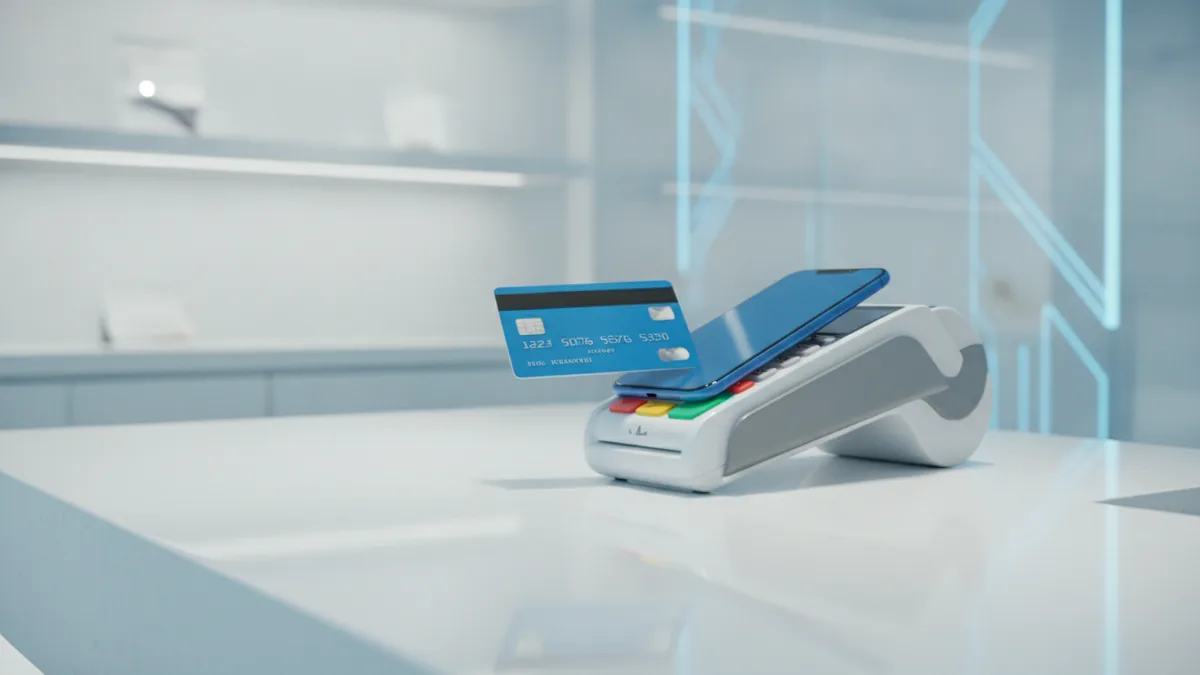 Contactless payment features Contactless card and mobile device near a payment terminal in a bright shop