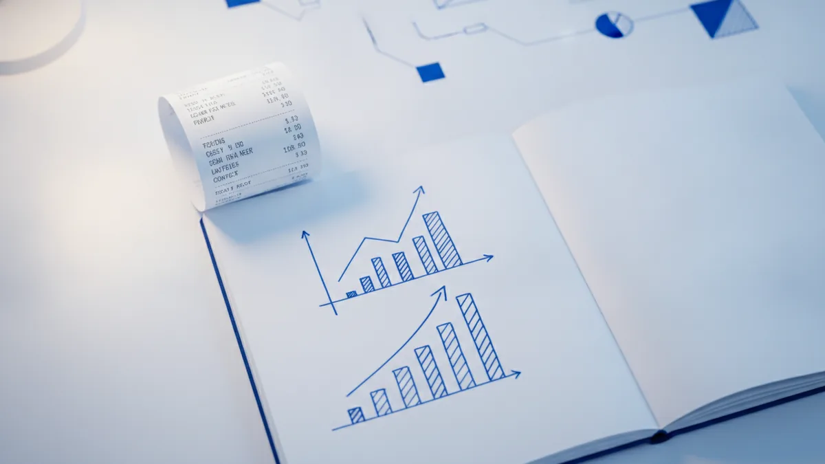 Pricing model check Receipt and notebook with simple chart lines for fee planning and cost comparison