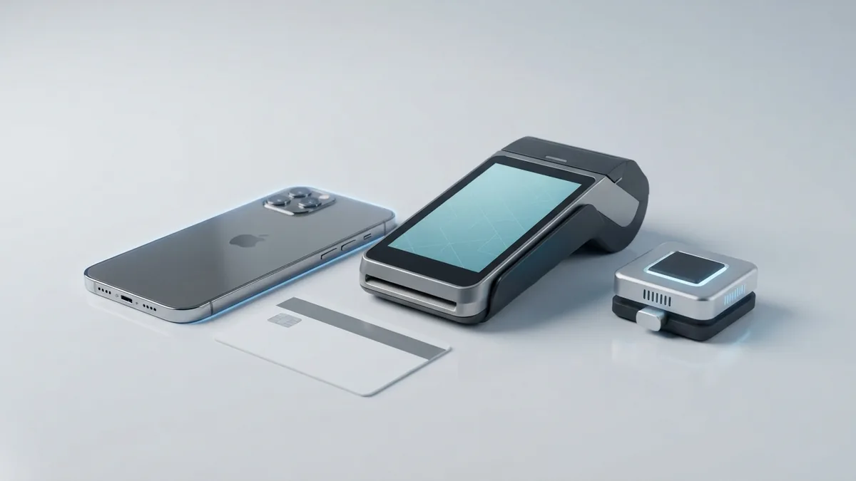 Modern devices used for network payments Blank bank card and smartphone beside a modern payment terminal