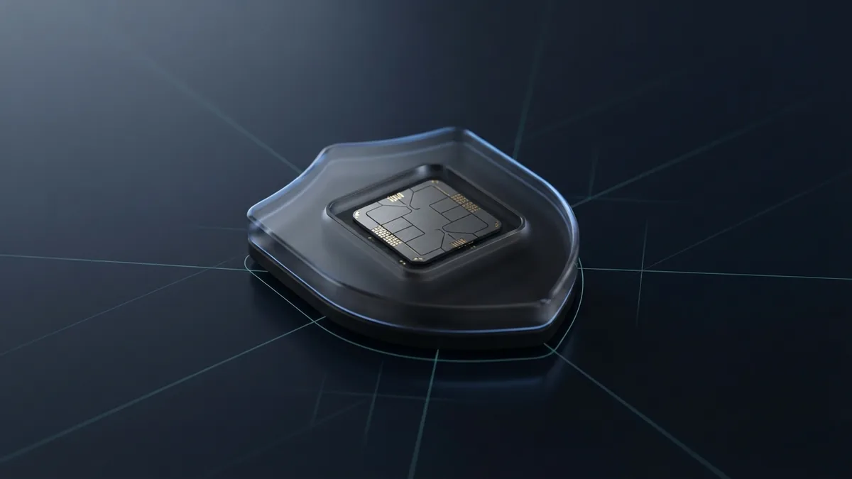 Graphite payment chip protected by a glowing abstract security shield