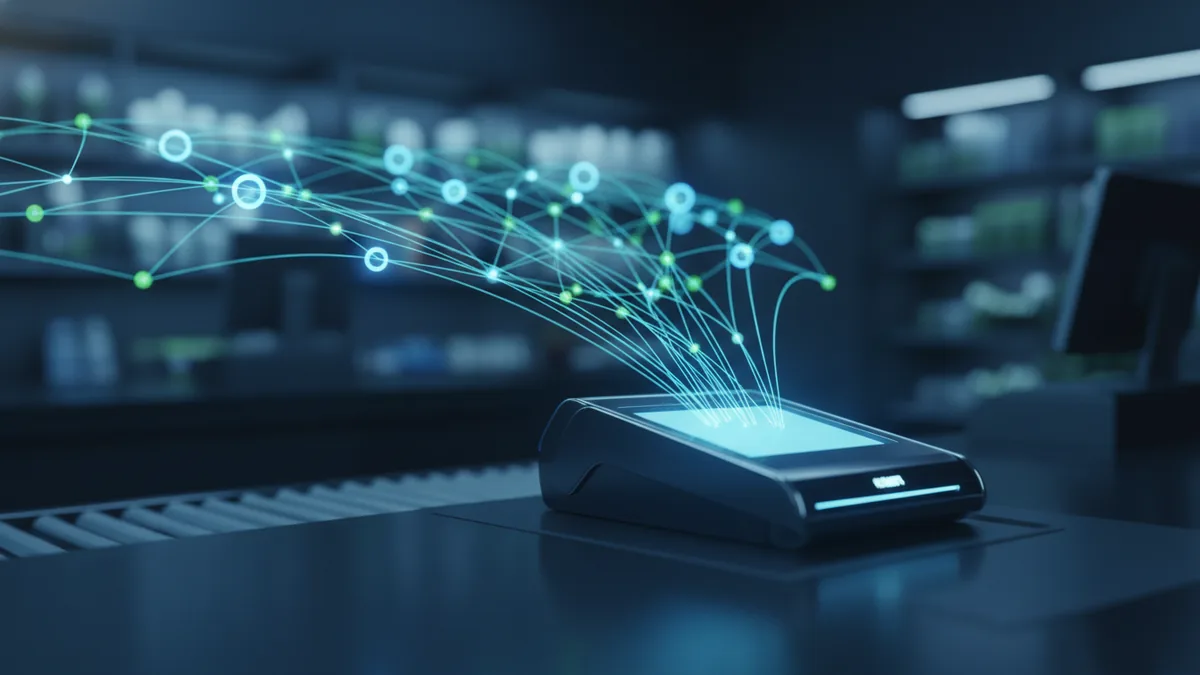 A payment terminal connected to a secure network representing e-commerce payments