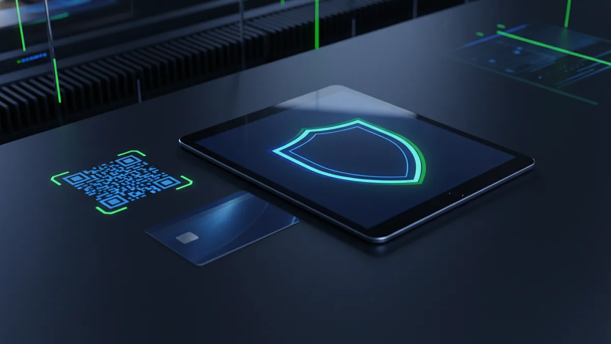 Security and user-friendly checkout Security shield overlay concept near a card and tablet representing safer payment flows