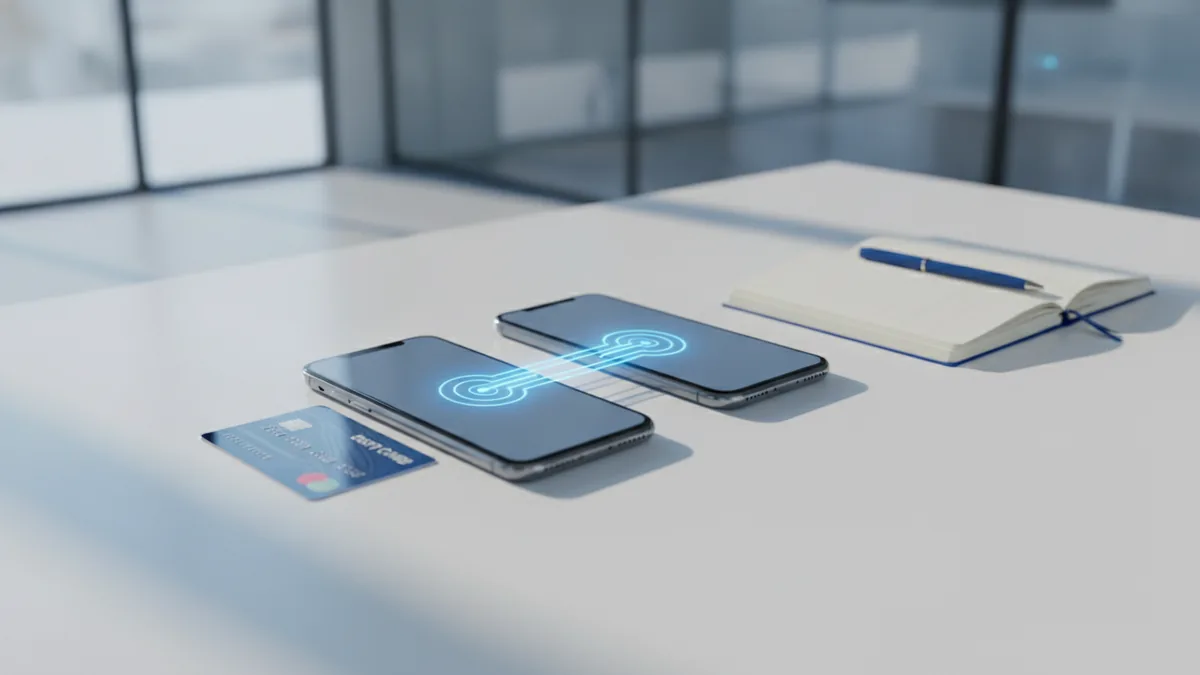 How a P2P payment moves funds Two smartphones showing a person-to-person money transfer setup