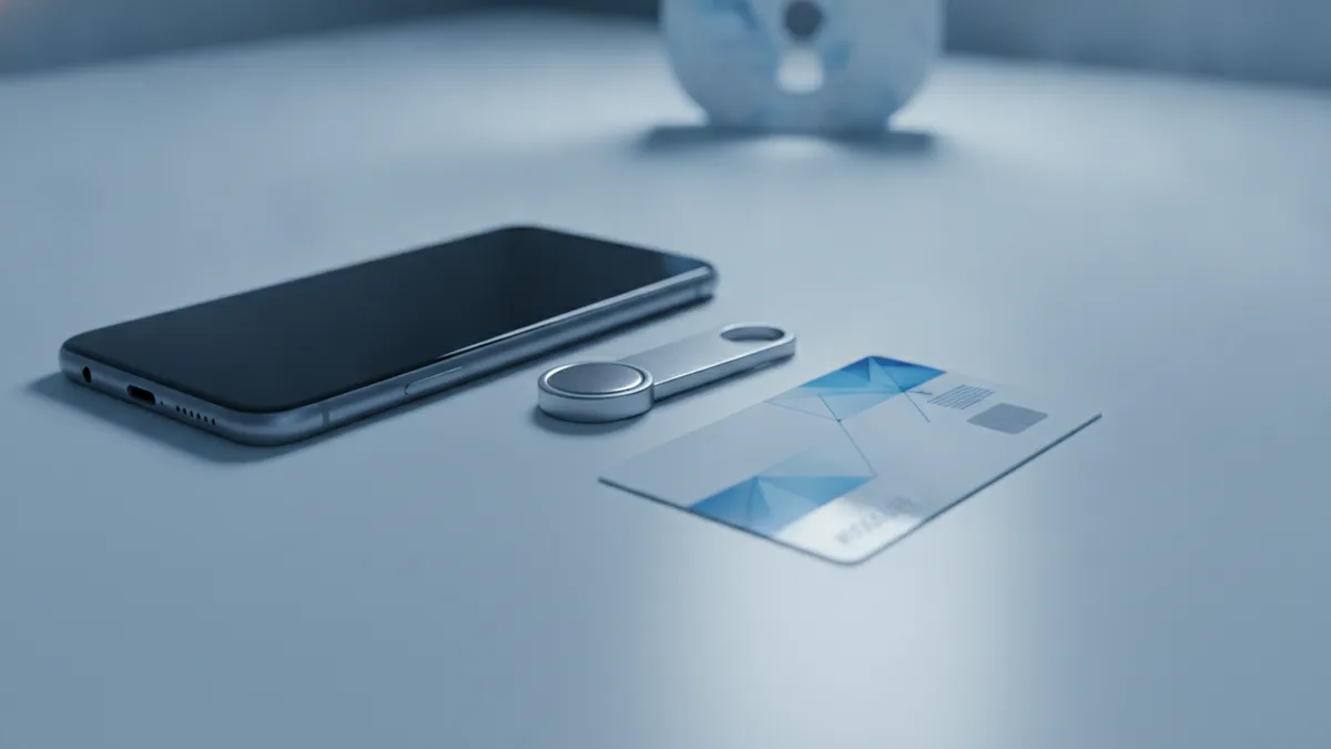 Smartphone and security key beside a payment card in soft light