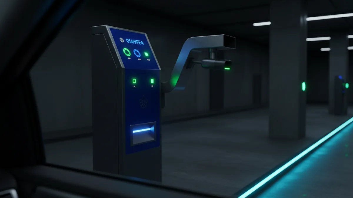 Operator view of parking payment equipment with status indicators and lane activity.