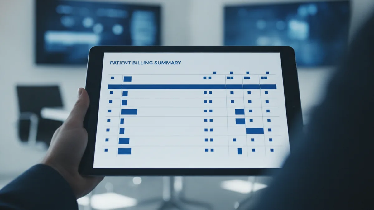 Clinician checking a patient account summary on a tablet for accurate billing.